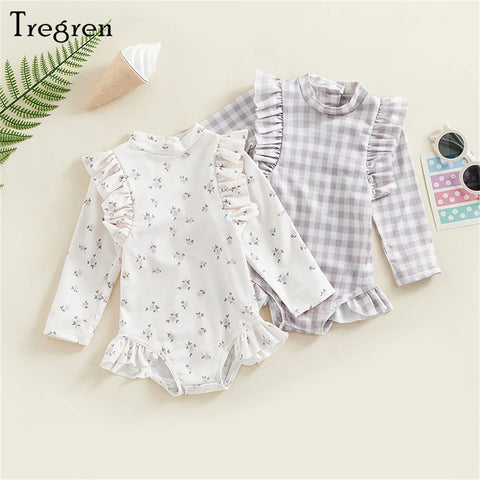 Tregren Kids Baby Meisjes Lange Mouwen Bloemen Geruit Badpak
