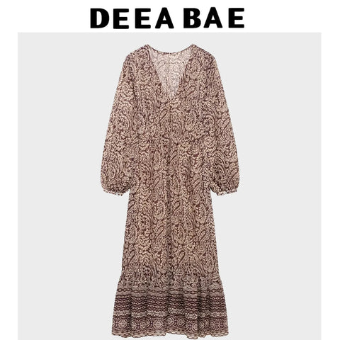 DEEABAE 2025 Spring V-neck Midi Dress