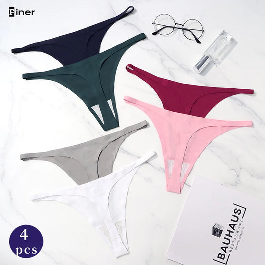 4 Pcs Lot Seamless Ice Silk Thong Panties for Women - Thin Waistband Tangas