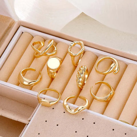 9Pcs/set Gold Color Smooth Geometric Open Rings Set for Women Men - Irregular Adjustable Jewelry Gifts