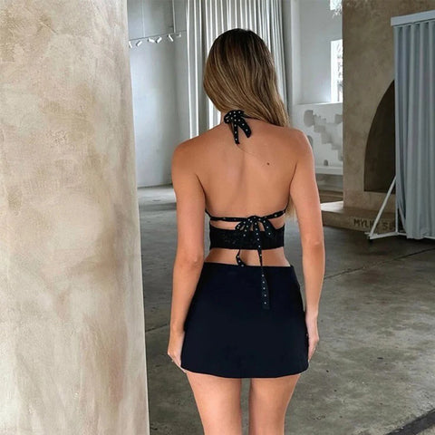 Willowy Women's Dark Romance Backless 2PC Dress Set - Sexy Halter Clubwear