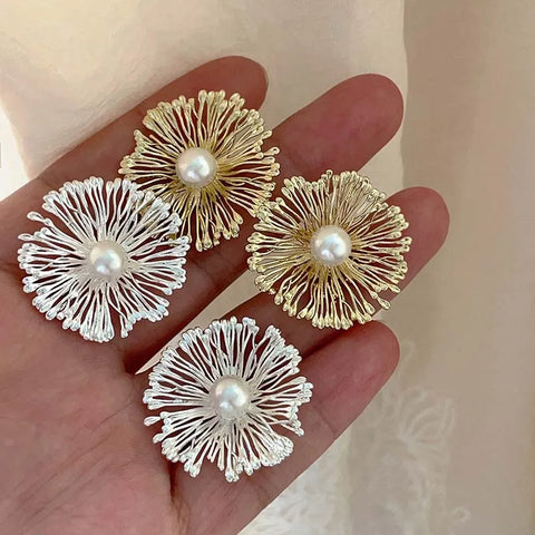 Exaggerated Metal Flowers Pearl Stud Earrings – Fashion Jewelry Gifts for Women