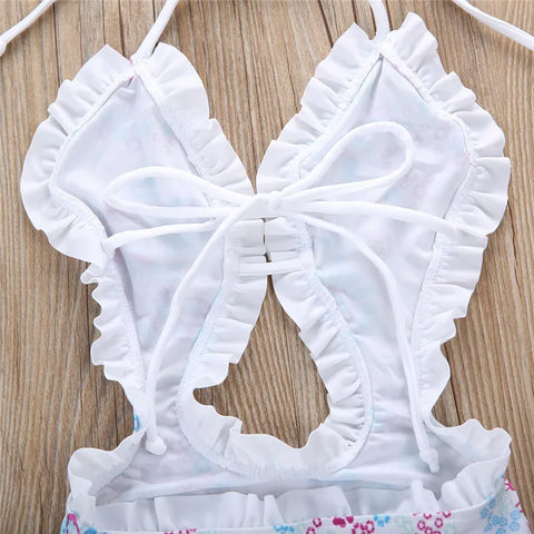 Kids Floral Printed Ruffled Swimwear Bodysuit