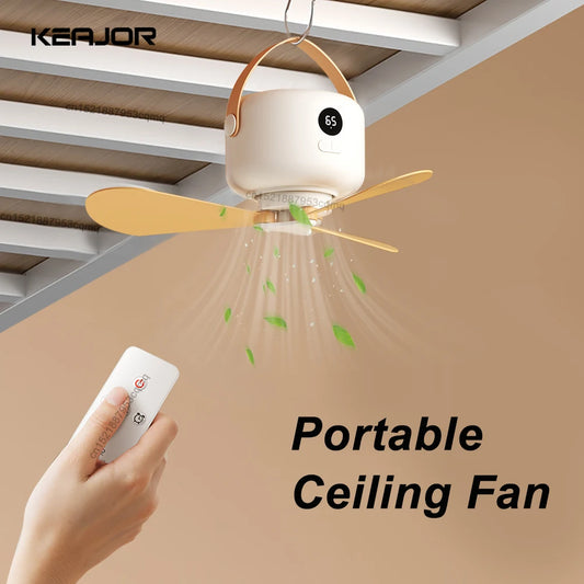 Portable Ceiling Fan for Camping, Rechargeable 7200 mAh, Remote Control, LED Light
