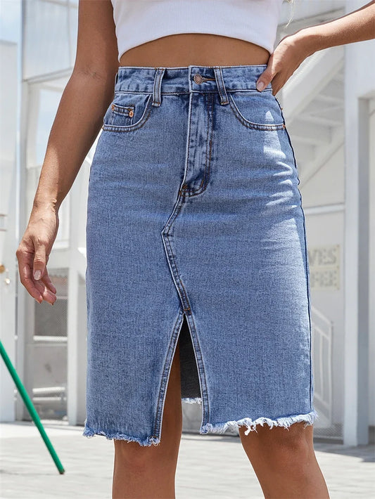 Women's Front Slit Blue Denim Skirt with Pockets - High Waist Slim Zipper Fly Midi Skirt for Casual Streetwear