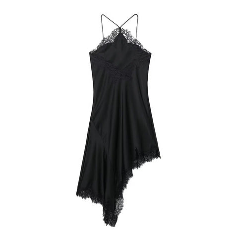 TRAF Women Sexy Lace Satin Halter Long Dress