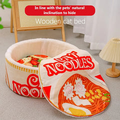 New Winter Cartoon Ramen Cat Nest – Warm, Cute Semi-Enclosed Cat Bed