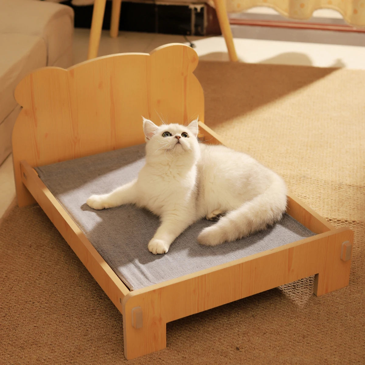 Wooden Cat and Dog Bed with Teddy Bear Pattern - Cozy Indoor Pet Furniture (20*11 inch)