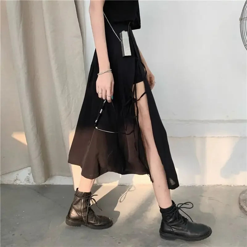 Vintage Dark Gothic High Split Mid-Calf Skirt for Women - Elegant Fashion for Parties and Clubs