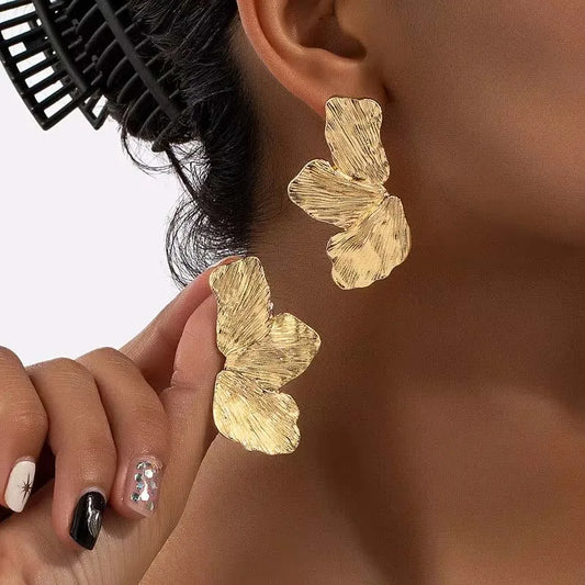 Vintage Metal Flower Post Stud Earrings for Women - Gold Color Large Textured Petal Earrings