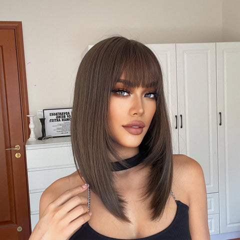 Medium Straight Synthetic Bob Wig Dark Black Brown Short Wigs With Bangs for Women Cosplay Daily Layered Hair Heat Resistant