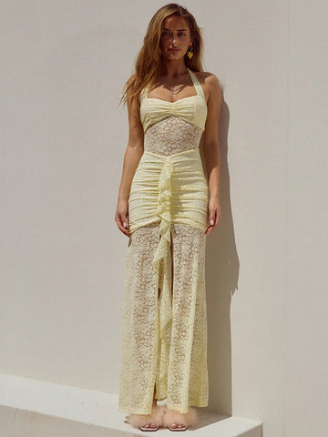 Mozision kanten gedrapeerde gerimpelde maxi-jurk - elegante zomerse halterjurk met open rug 