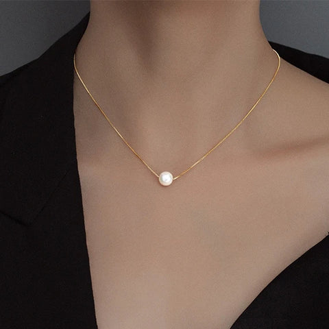 INZATT 925 Sterling Silver Pearl Pendant Choker Necklace