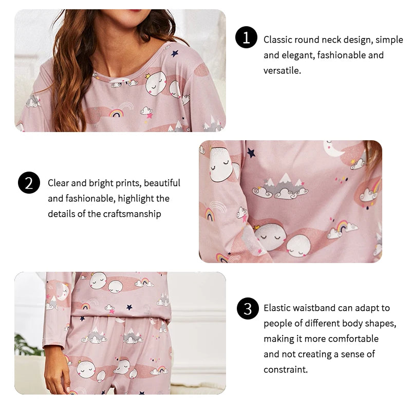 Women’s Cartoon Print Pajama Set with Eye Mask
