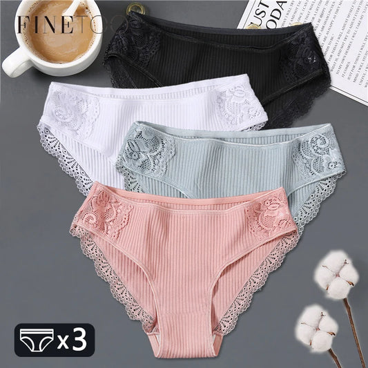 FINETOO 3Pcs Women Cotton Panties - Soft Lace Briefs