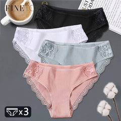 FINETOO 3Pcs Women Cotton Panties - Soft Lace Briefs