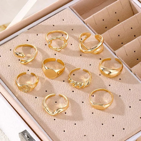 9Pcs/set Gold Color Smooth Geometric Open Rings Set for Women Men - Irregular Adjustable Jewelry Gifts