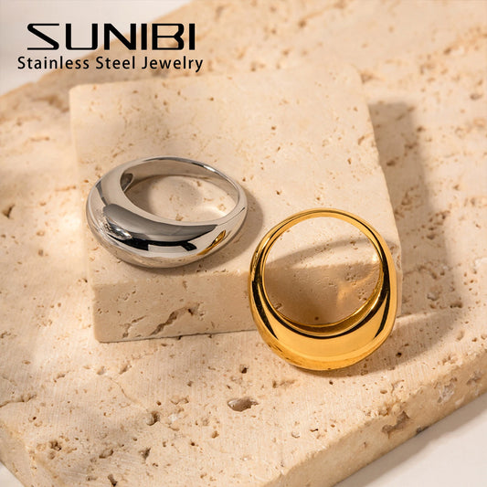 SUNIBI Simple Stainless Steel Arc Rings for Women - Elegant Geometric Jewelry for Couples