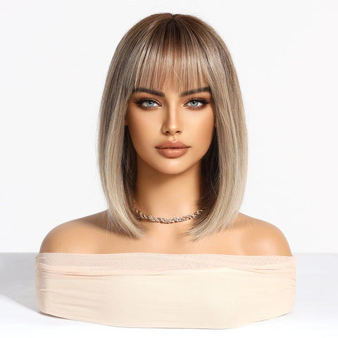 Light Brown Blonde Synthetic Wigs with Bangs - Short Bob for Daily Use, Cosplay, and Halloween | Heat Resistant