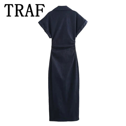 TRAF Denim Dress Women's Casual Midi Dress 2025