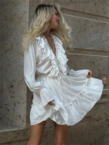 Tossy Ruffled V-hals witte mini-jurk - Elegante lange mouwen veterjurk voor vrouwen