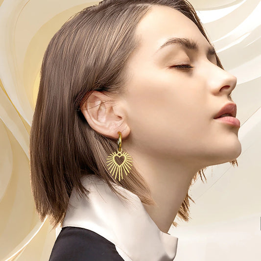 Skyrim Geometric Heart Sun Pendant Drop Earrings - Stainless Steel Hoop Earrings for Women