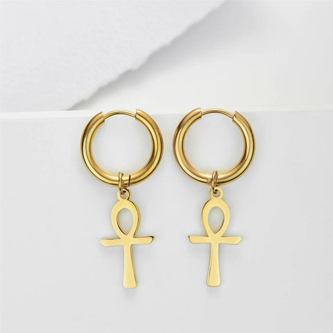 Skyrim Egypt Ankh Cross Drop Earrings - Gold Color Stainless Steel Dangle Earrings for Women