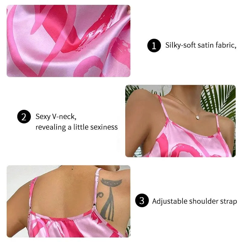 Women Sexy Satin Slip Nightdress with Cross Strappy Backless Design