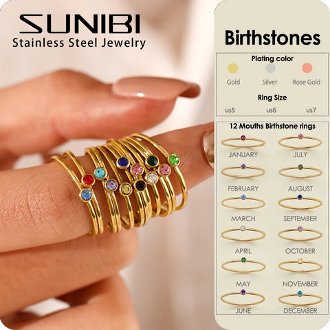 SUNIBI Stainless Steel Birthstone Ring for Women - Gold Color Fashion Jewelry