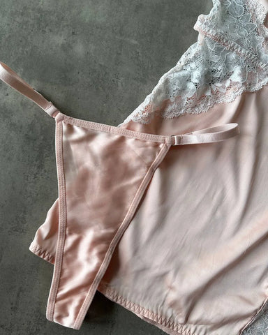 Sexy Deep-V Neck Satin Dress with Lace Patchwork and Split Nightwear for Women