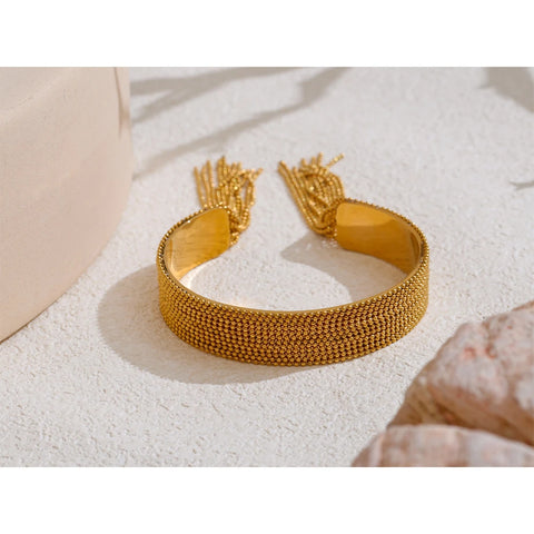 Yhpup Hot Style Stainless Steel Chain Tassel Cuff Bracelet Bangle - 18K Gold Color Plated Fashion Jewelry