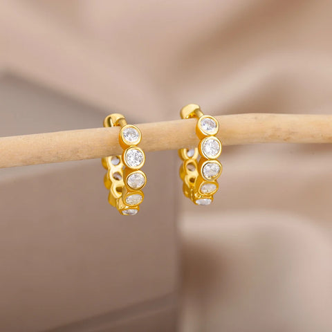 Fashion Zircon Circle Drop Earrings for Women - Gold Stainless Steel Dangle Jewelry Gift