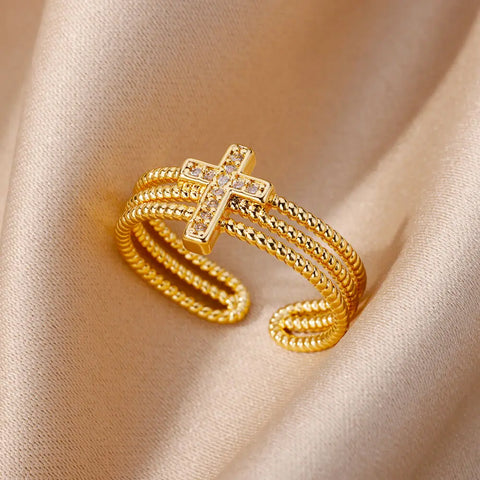 New Zircon Cross Rings for Women - Adjustable Stainless Steel Luxury Wedding Jewelry Gift 2025