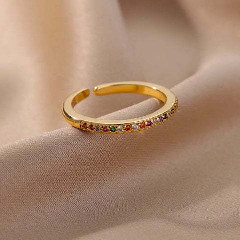 Mini Zircon Green Rings for Women - Adjustable Stainless Steel Gold Color Engagement Wedding Jewelry Gift