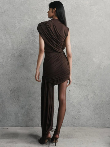 Mozision onregelmatig gedrapeerde geplooide sexy mini-jurk voor vrouwen - elegante coltrui, mouwloze hoge taille, geplooide clubfeestjurk 