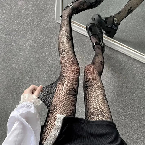 Heart Flower Mesh Japanese Girl Lolita Tights - White Fishnet Stockings for Women