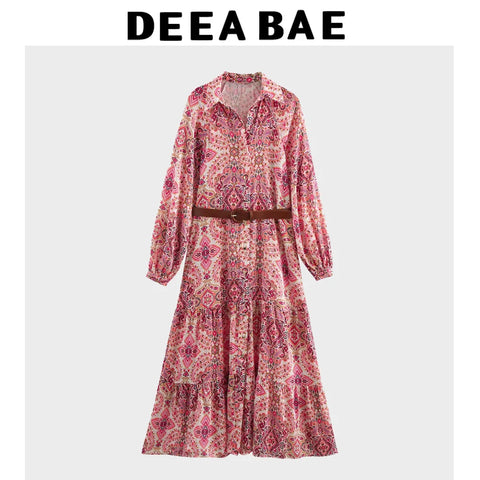 DEEABAE Floral Midi Dress with Belt