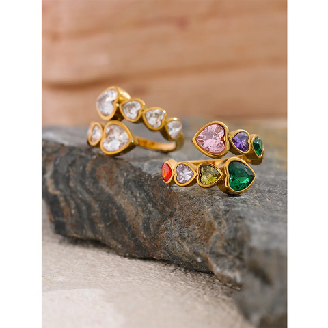 Yhpup Delicate Cubic Zirconia Heart Stainless Steel Gold Color Adjustable Ring