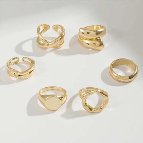 6Pcs/Set Gold Color Smooth Geometric Open Rings Set for Women - Chunky Metal Jewelry Gift