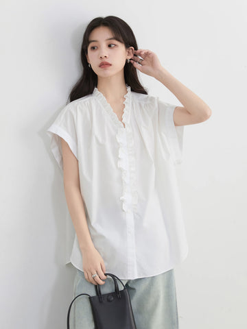 CHIC VEN Dames Casual Katoenen Overhemd met Ruches 