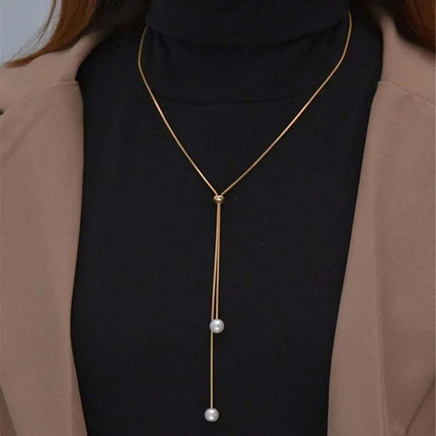 Silver Long Tassel Pearl Pendant Necklace - Adjustable Choker Jewelry for Women
