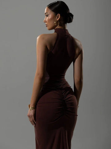 Mozision Halter Gerimpelde Mouwloze Sexy Maxi-jurk voor Vrouwen - Modieuze Slanke Hoge Taille Avond Club Party Split Lange Jurk 