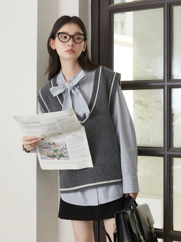 CHIC VEN Dames Blouse met Strik en Strepen 