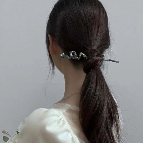 New Punk Snake Shape Hair Sticks - Fashion Metal Green Crystal Hair Accessories for Women
