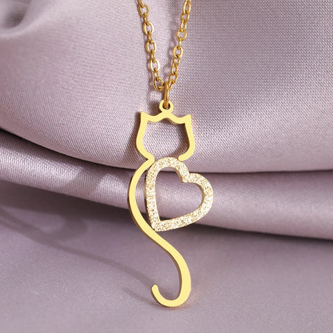 Trendy Heart Cat Pendant Stainless Steel Necklace - Cute Choker for Women