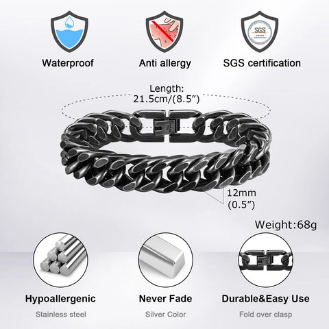 Gold Color Men's Cuban Chain Bracelet - Chunky Waterproof Stainless Steel Link Wristband