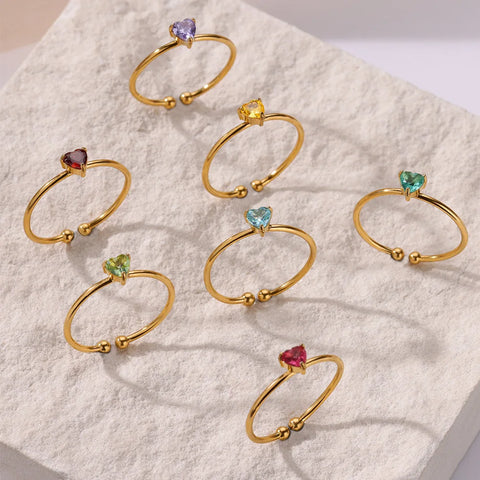 Zircon Heart Birthstone Rings for Women - Adjustable Gold Color Stainless Steel Wedding Jewelry Gift