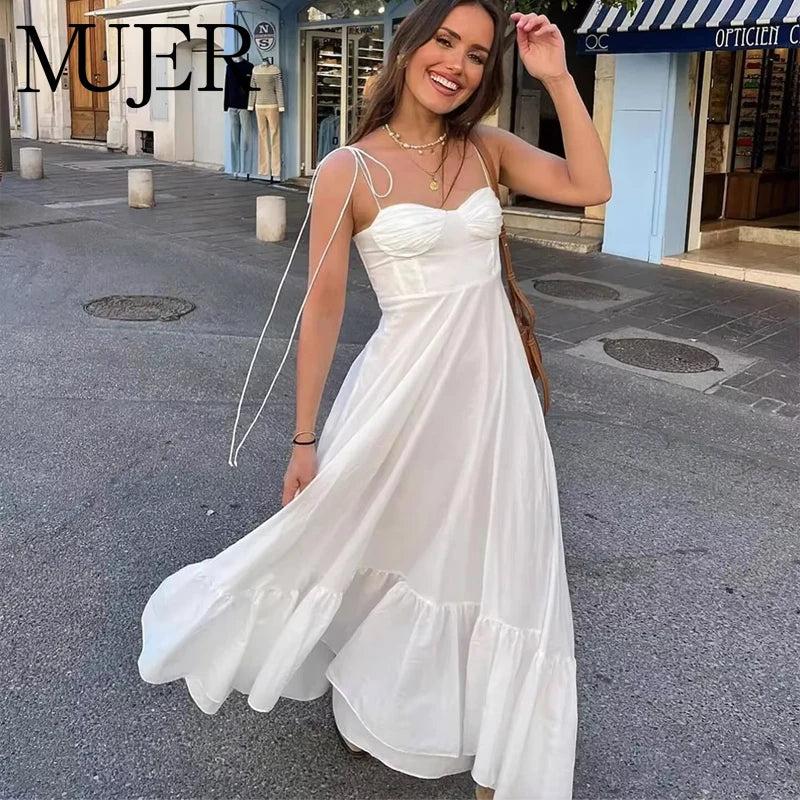 MUJER White Long Ruffle Slip Corset Dress for Women