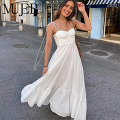 MUJER White Long Ruffle Slip Corset Dress for Women