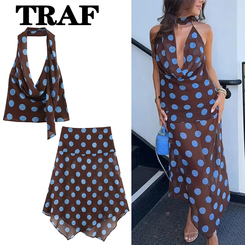 TRAF Polka Dot Printed Midi Skirts Two Piece Sets